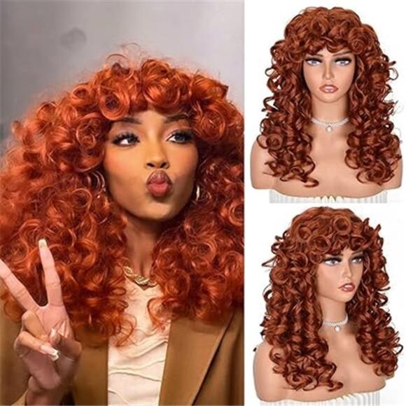 Copper Curly Wigs for Black Women Long Curly Afro Wig with Bangs for Women - Picture 7 of 7